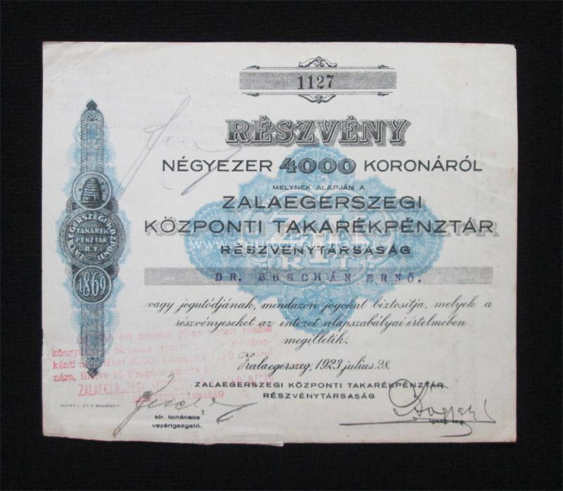Zalaegerszegi Kzponti Takarkpnztr 4000 korona 1923